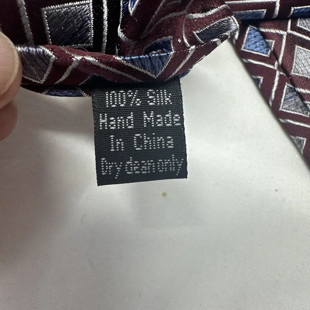 Pronto Uomo Necktie Mens OS Burgundy Blue Silver Geometric Square Silk Hand Made